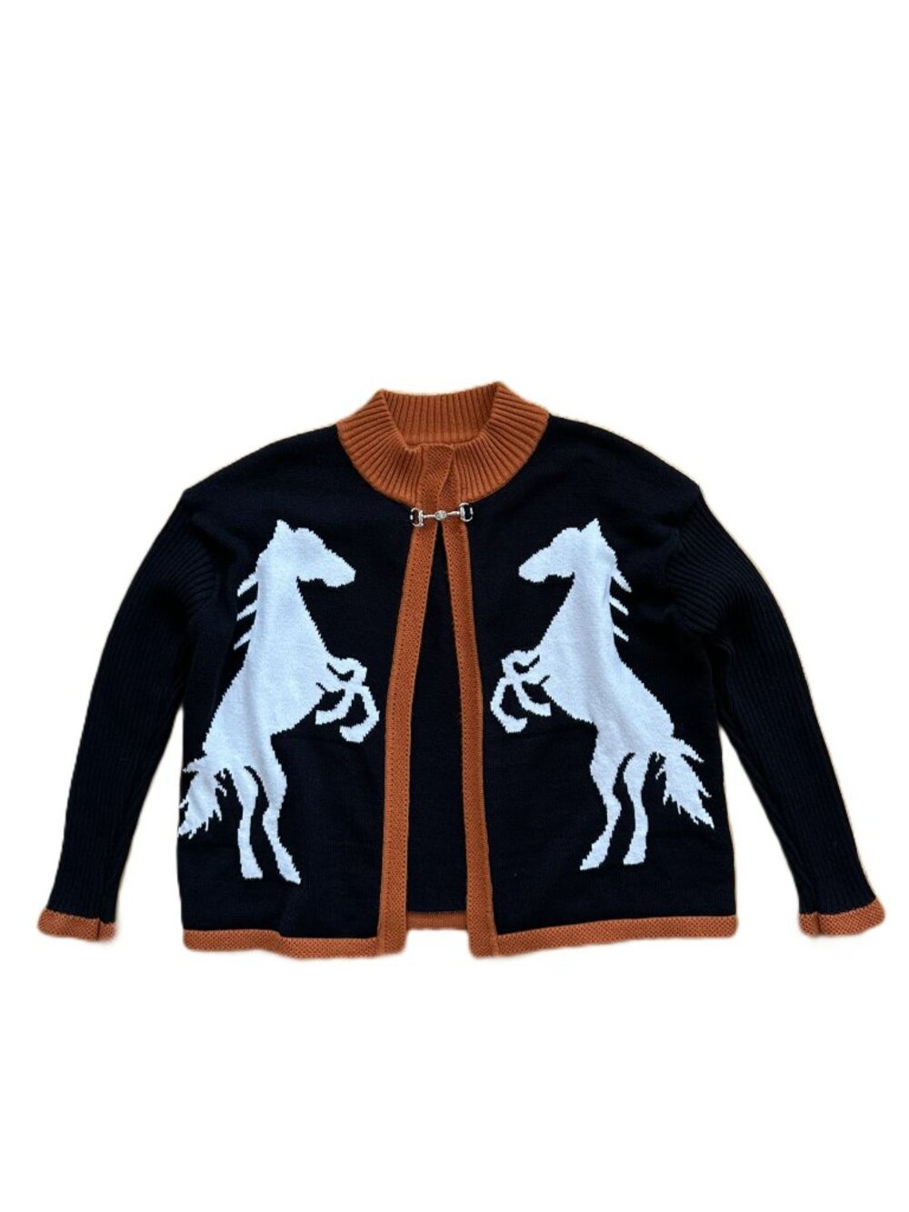 Horse Design Cardigan Sweater Black, White, Burnt Orange Women's Size Medium - Picture 2 of 14
